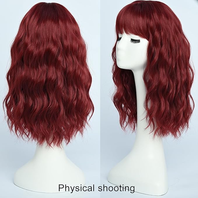 Burgundy Wigs with Bangs for Women Synthetic 16inch Medium Length Wigs with Natural Long Wavy Fringe Bang wig Heat Resistant Hair for Daily Party Use(Wine Red)