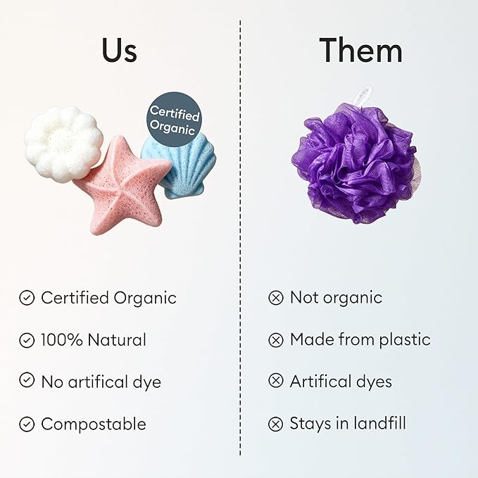 Vove Organic Konjac Baby Bath Sponges 3-Pack - Safe Natural Bath Sponges for Newborns Infants & Toddlers, Cute Ocean Shapes, Plant-Based Baby Bathing, Certified Organic