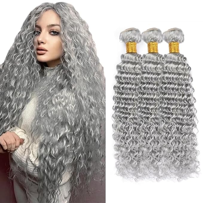 Freiuoke Silver Human Hair Bundles Grey Deep Wave Bundle Gray Hair Weave 3 Bundles 18 20 22 Inch Gray Color Long Hair Extensions
