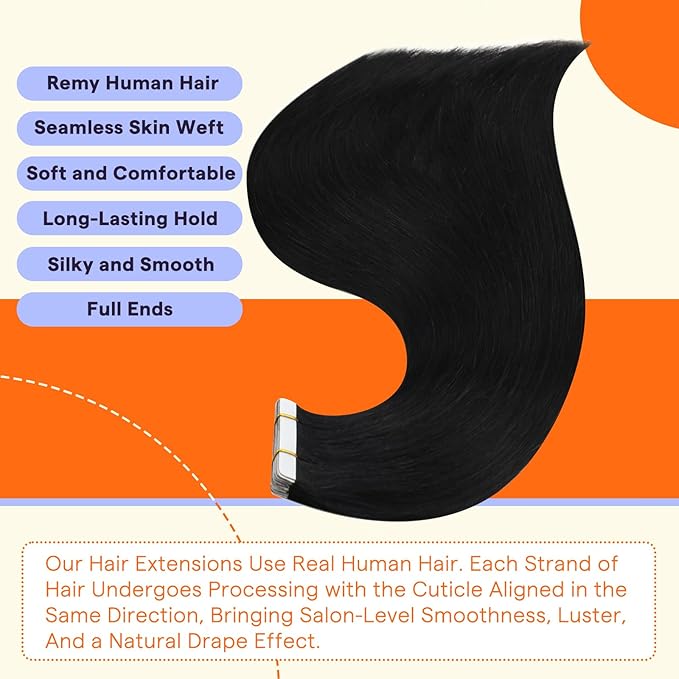 Full Shine Hair Extensions Real Human Hair Tape in 20 Inch Color 1B Off Black Tape in Extensions Real Human Hair Natural Invisible 100 Grams 40PCS Fashion Straight Soft and Silky Add Length