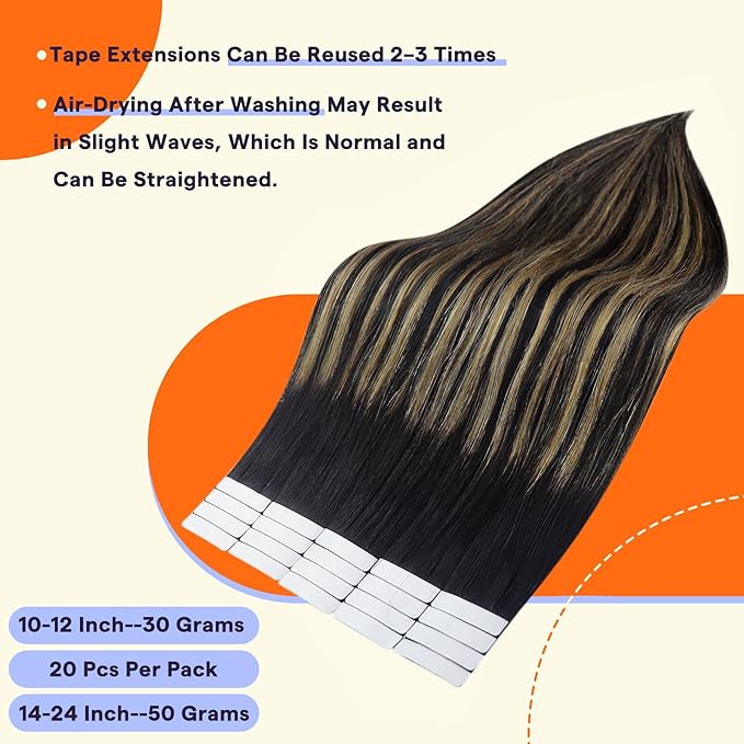 Full Shine Tape in Extensions Human Hair 20 Inch Color 1B/27/1B Black with Blonde Double Sided Human Hair Extensions Tape in 50g Seamless Tape ins Human Hair Extensions 20PCS for Wedding