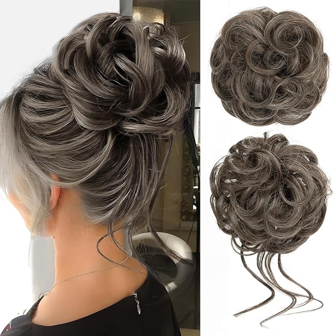 CJL HAIR 2PCS Messy Bun Hair Pieces Wavy Curly Synthetic Updo Chignon Fake Scrunchies Ponytail Extension for Women Pepper Brown