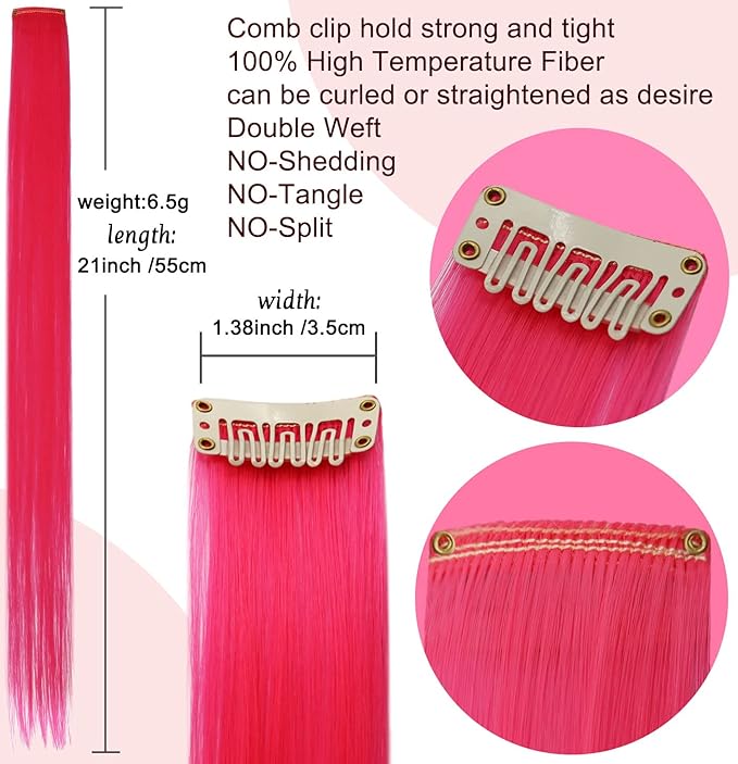 10PCS 20Inch Pink Hair Extensions for Girls Wig Pieces Clip in Coloured Hair Extensions for Women Colorful Hairpieces Party Highlights Synthetic Multiple Colors