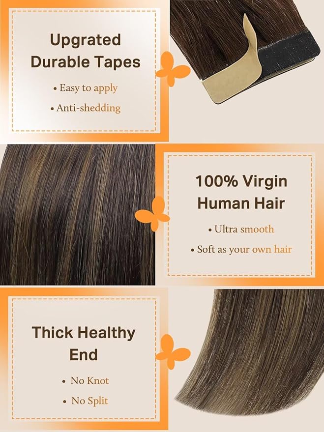 DOORES Tape in Human Hair Extensions Remy, 20 Inch 80g Thick Balayage Dark Brown to Chestnut Brown 20pcs Real Hair Tape in Straight Natural Glue in Extensions Human Skin Weft