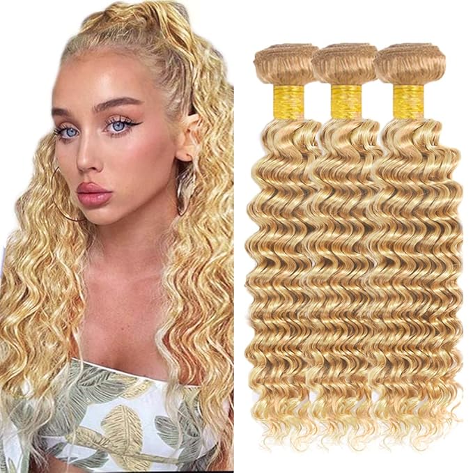 26 28 30 inch Blonde Human Hair Bundles 613 Wet and Wavy Bundles 27/613 Human Hair Bundle Honey Blonde Deep Wave Bundle