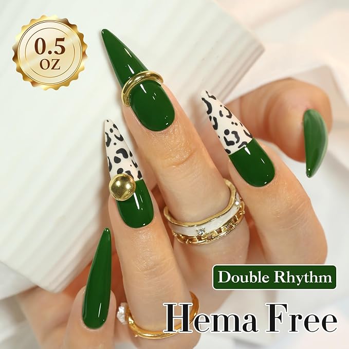 Double Rhythm 0.50 OZ Gel Polish Hema Free Same Color Same Bottle Golden Round Translucent Neutral Natural Milky 15 ML Jelly UV Polish Art DIY at Home (Dark Green-C1287)