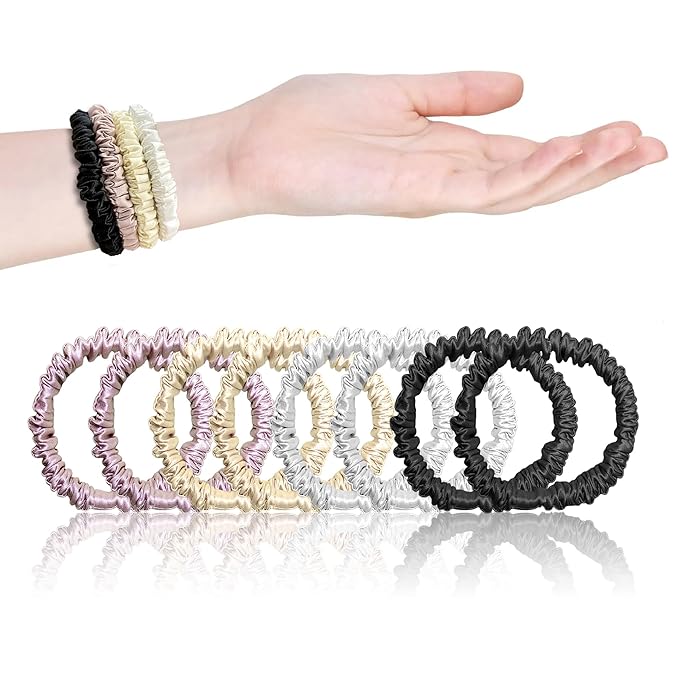 Mulberry Silk Hair Scrunchies for Women – 8 Pack Silk Hair Ties Set, Skinny Hair Sleep Scrunchies No Damage, Gentle on Curly & Thin Hair