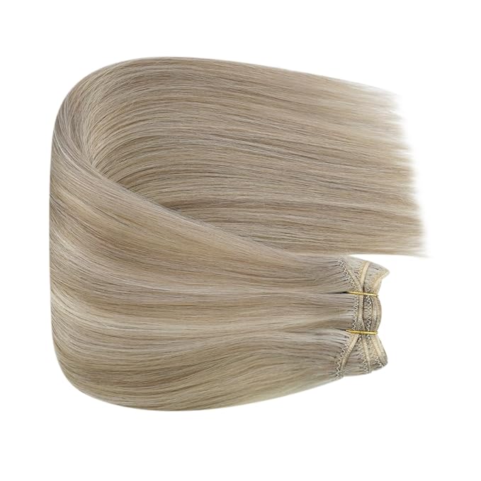 Fshine Sew in Weft Hair Extensions Human Hair Blonde Weft Hair Extensions Color Ash Blonde Highlight Bleach Sew in 24 Inch Real Human 100g Long