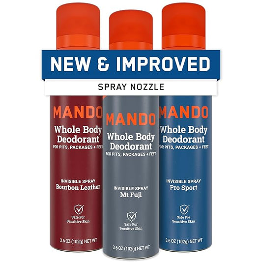 Mando Whole Body Deodorant For Men - Invisible Spray Deodorant - 72 Hour Odor Control - Low Irritation Formula - Aluminum Free, Benzene Free - 3.6 ounce - 3pk - Bourbon Leather, Mt Fuji, Pro Sport