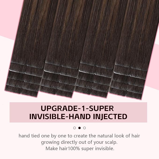 Invisible Tape in Hair Extensions Real Human Hair 3rd-Generation #2/6/18 Dark Brown to Dirty Blonde Color 20pcs 30g 14inch Injected Hand-Tied Invisi Edge Tape ins Extension（#2/6/18-14inch）