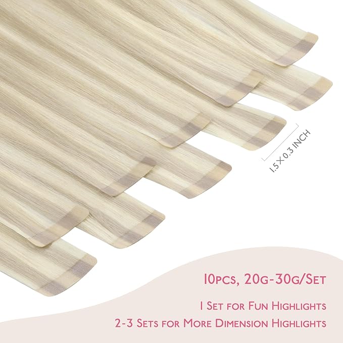 WENNALIFE Tape in Hair Extensions Human Hair Ash Blonde Highlighted Platinum Blonde Tape in Extensions, 10pcs 30g 24 inch Remy Invisible Tape Ins Straight Soft Real