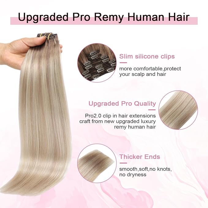 Pro2.0 Clip in Hair Extensions Real Human Hair 20inch 7pcs #8/60/18 Ash Brown to Ash Blonde Mix Platinum Remy Real Human Hair Extensions Clip ins 120g Thick Double Weft（#8/60/18-20inch）