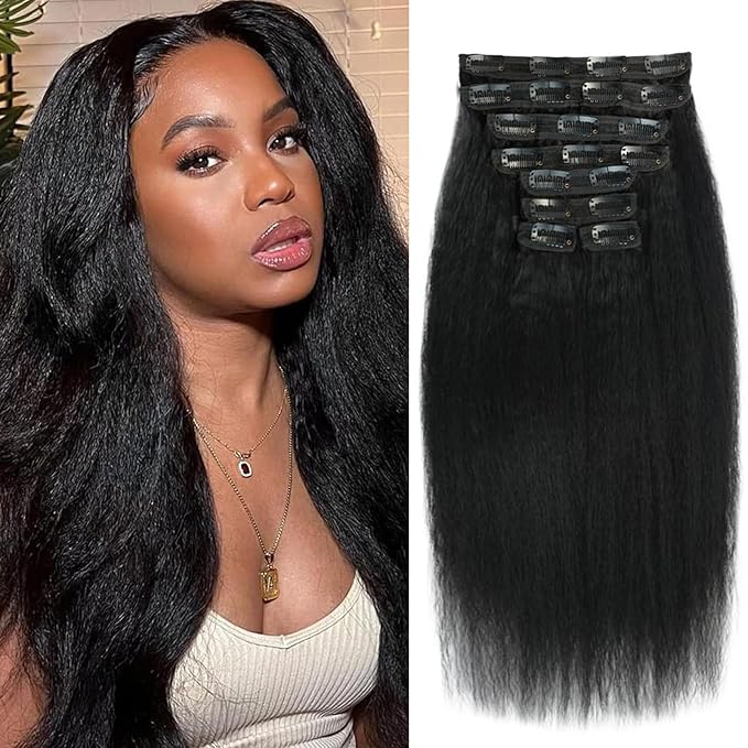 Kinky Straight Clip in Hair Extensions 18 Inch Human Hair Yaki Straight Clip ins Seamless Remy Human Hair Clip in Extensions for Women Natural Black 8Pcs 100g 20 Clips