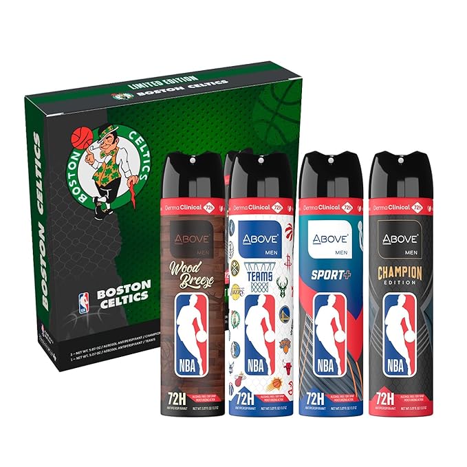 Above NBA Antiperspirant Deodorant Spray for Men | BOSTON CELTICS Team Pack | 4 Scents | 72h | Dry Spray | No Stains | 5.07 oz – Pack of 4
