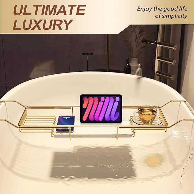BVL Bathtub Tray Stainless Steel with Marble Base Gold Bathtub Tray with White Marble Base Adjustable & Rustproof Bath Caddy for Spa, Relaxation, Bath Bombs