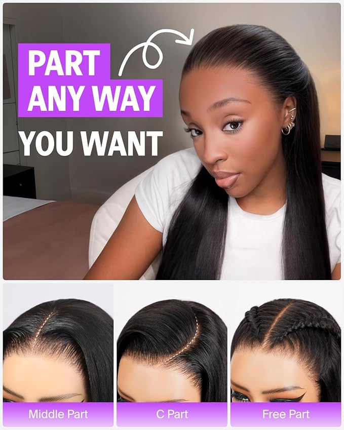 Glueless 13x6 Lace Front Wigs Human Hair Pre Plucked Pre Cut 220% Density Ear-to-Ear Straight Wigs Human Hair with Adjustable Drawstring Natural Black 20 Inch