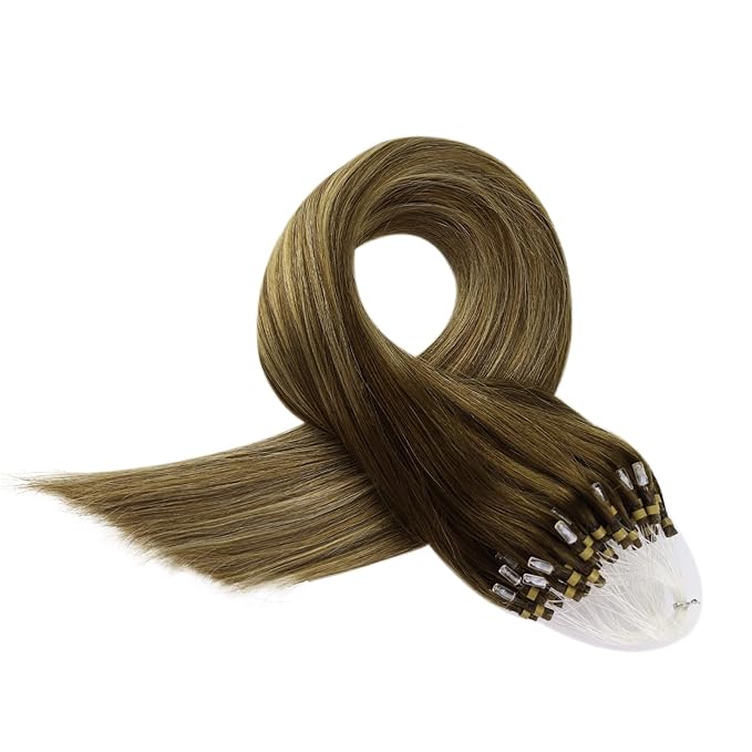 Full Shine Micro Ring Human Hair Extensions Color 4/24/4 Brown and Blonde Balayage Micro Link Hair Extensions 16 Inch Natural Remy Hair 50G with 7G Micro Beads add Volume