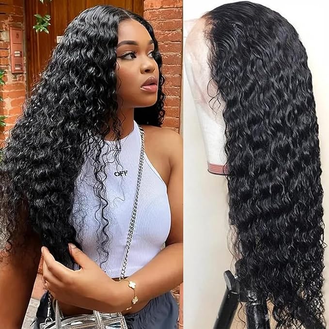 13x6 Deep Wave Lace Front Wigs Human Hair Wigs for Women 180% Density HD Transparent Deep Curly Lace Frontal Wigs Human Hair Pre Plucked with Baby Hair Natural Color 20 Inch