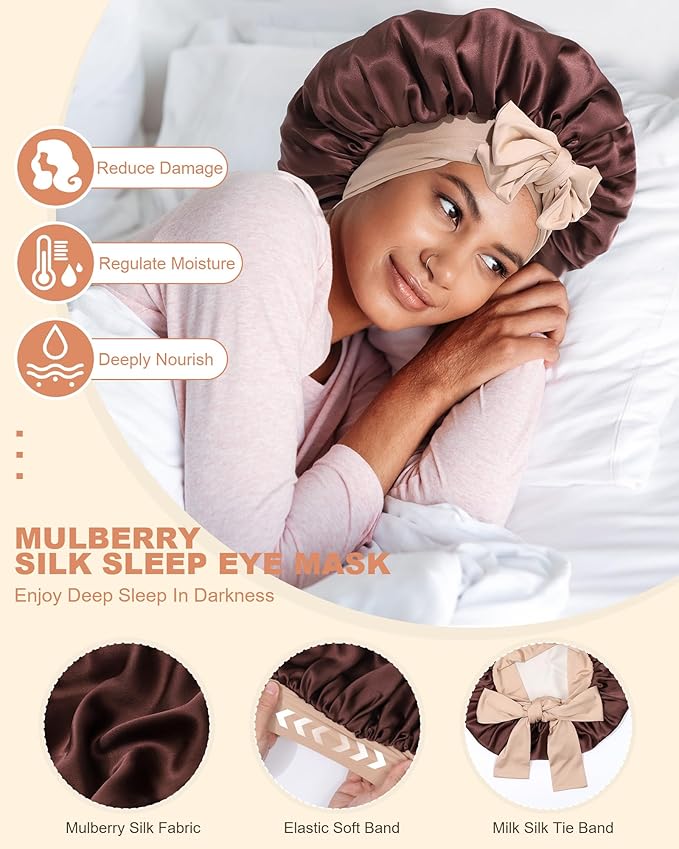 Mulberry Silk Bonnet Sleeping Women Curly Hair Bonnets Tie Band Double Layer Reversible Sleep Bonnet Silk Hair Wrap Sleep Cap