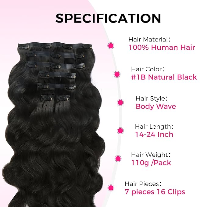 Lashey Invisi Edge Clip in Hair Extensions, 7pcs 110g 14 Inch Natural Black Seamless Clip in Hair Extensions Human Hair Body Wave Real Remy Human Hair