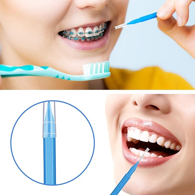 Patelai 100 Pieces Braces Brush for Cleaner Interdental Brush Toothpick Dental Tooth Flossing Head Oral Dental Hygiene Flosser Toothpick Cleaners Tooth Tool(Blue, Yellow,Multiple Sizes)