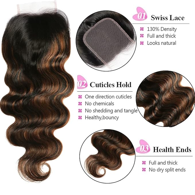 UNICE Brown Highlight Body Wave Human Hair 3 Bundles with 4x4 lace closure Free Part, Brazilian Remy Hair Ombre Human Hair Wavy Weaves FB30 Color 16 16 18+16 Closure