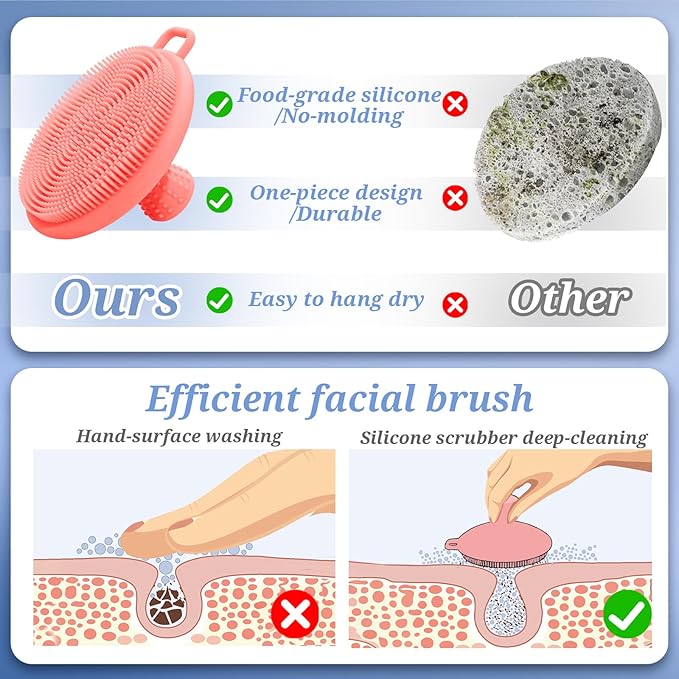 Silicone Back & Body & Face Scrubber Set 3PCS, Gentle Exfoliating Back & Body Scrubber with Dual-Side Brush Head, Hygienic Silicone Loofahs with Soft Bristle and Non-Slip Handle(Pink-3PC)