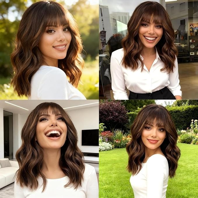 WAVE&BREEZE Short Brown Highlight Blonde Wigs with Bangs 14Inch Blonde Curly Bob Wig for Women Shoulder Length Natural Looking Hair Replacement Wig for Daily Party Use Cosplay Costume Halloween Wig
