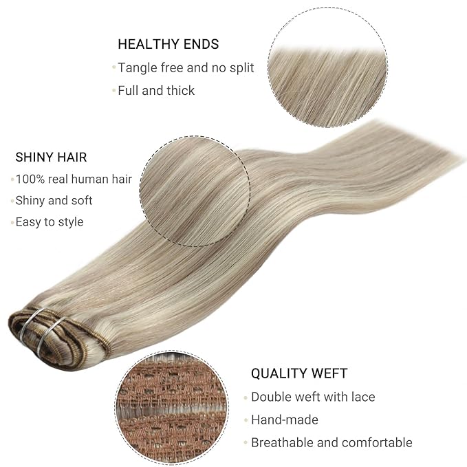 Ash Blonde Mix Clip in Human Hair Extensions - Bleach Blonde Highlights, Remy Hair for Women, Lace Weft Straight Hair, 7pcs, 120g, 16 Inch