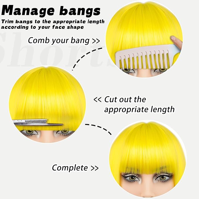 MAYSA Yellow Bob Wig with Bangs for Women Short Straight Neon Bob Wig 12in Synthetic Cosplay Daily Party Colorful Wigs # Yellow