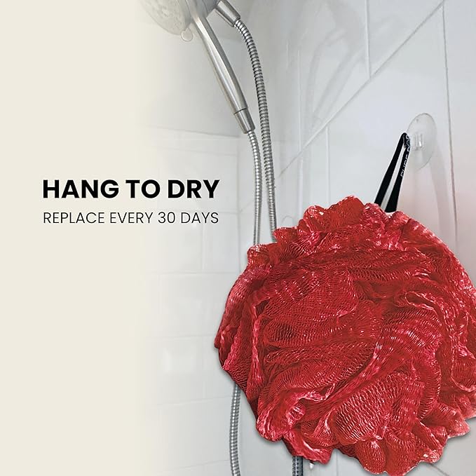 Large Bath Sponge Pack of 3 – Soft 70G Mesh Loofahs with Suction Cup (Dark Red): Gentle Exfoliation for All Skin Types, Rich Lather Poufs for Daily Shower Use