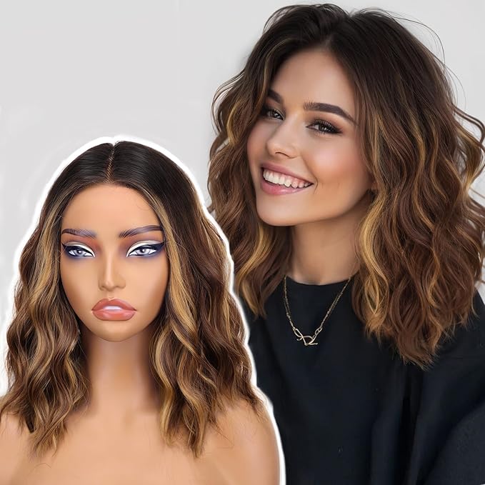 AISI HAIR 14 Inch Brown Chestnut Highlight Wigs for Women - Shoulder Length Wave Wig with Pre-Cut Lace Hairline, Middle Part Natural Wavy Bob Synthetic Heat Resistant Fiber for Daily and Party