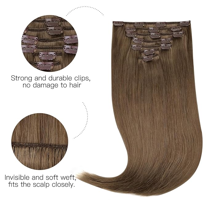 HOTBANANA Human Hair Clip in Hair Extensions, Ash Brown 120g Clip in Hair Extensions Real Human Hair Straight Remy Hair 14 Inch 7pcs