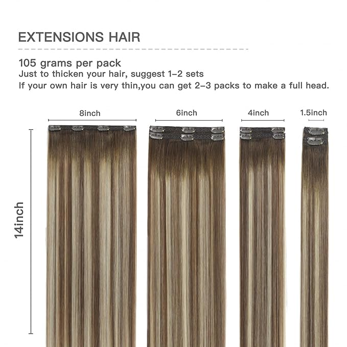 Clip in Hair Extensions Ombre Real Human Hair Clip in Walnut Brown to Ash Brown Mix Light Blonde Balayage Remy Hair Extensions Double Weft For women 14inch 7Pcs 105G