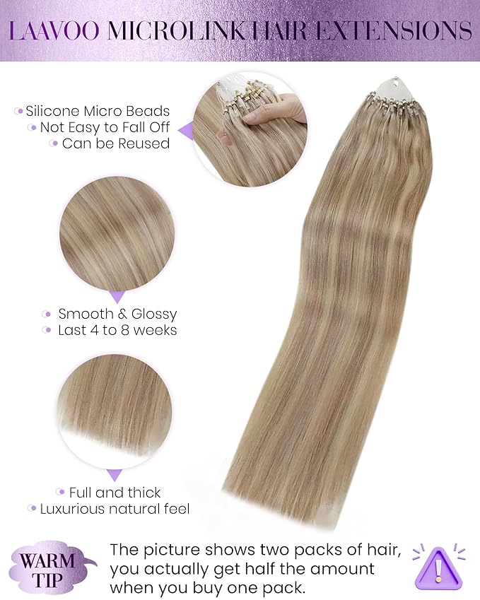 LaaVoo Micro Link Hair Extension Human Hair Dirty Blonde Highlighted with Platinum Blonde Micro Ring Hair Extensions Human Hair Blonde Micro Beads Extensions Real Human Hair 14inch 50g/50s