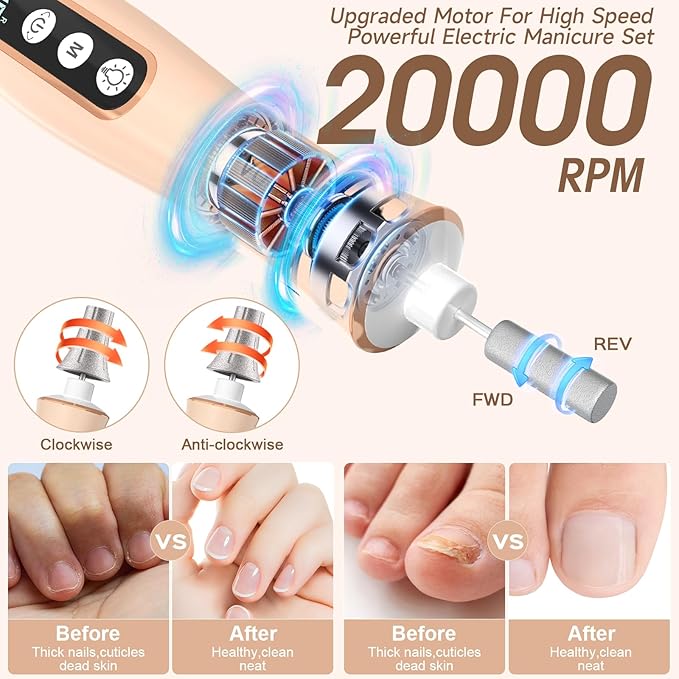 Professional Manicure Pedicure Kit with 360° LED Light&10 Speeds&Memory Mode with Case, Cordless Electric Nail Drill, Pedicure Tools for feet,Hand Foot Care Nail File for Thick Nail Toenail Cuticle
