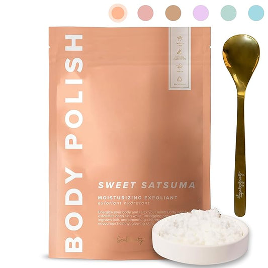 Bonblissity Body Polish, 8oz. - Sweet Satsuma Scented Body Scrub Exfoliator for Women, Exfoliating Sugar Scrub To Lotion Moisturizer, Gentle Exfoliant for Dry and Sensitive Skin, Handmade in USA