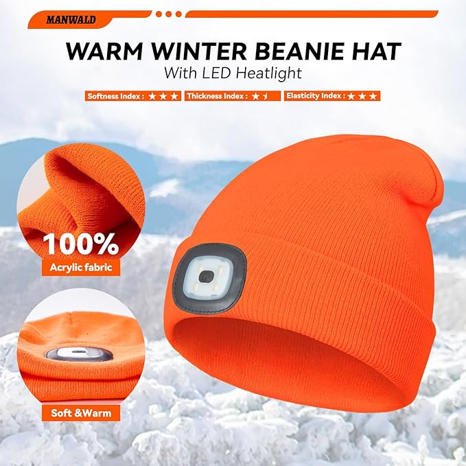LED Beanie Hat with Light, USB Rechargeable LED Headlamp, Christmas Stocking Stuffers for Men Adults, Gifts for Men Him Husband, Boyfriend, Orange
