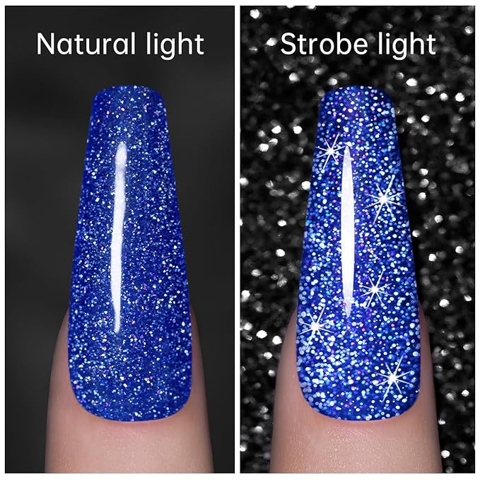 RARJSM Reflective Glitter Gel Polish Royal Blue Sparkle Iridescent Rainbow Shimmer Dark Blue Nail Polish 7.5ml Soak Off Sparkle Flash Disco Diamond Salon DIY Home Manicure