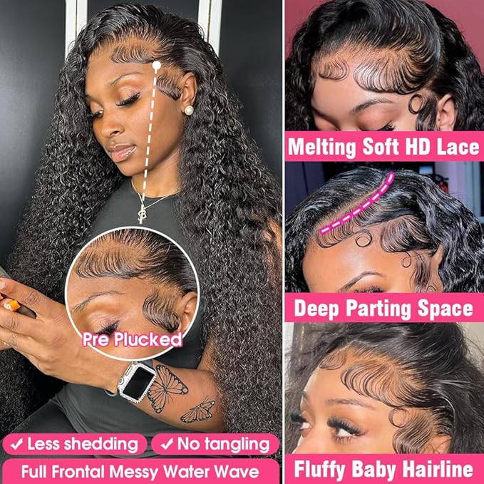 30 Inch Water Wave Lace Front Wigs Human Hair 220 Density 13x6 HD Full Lace Frontal Wigs Pre Plucked Wet and Wavy Glueless Deep Curly Human Hair Wigs for Women Natural Black