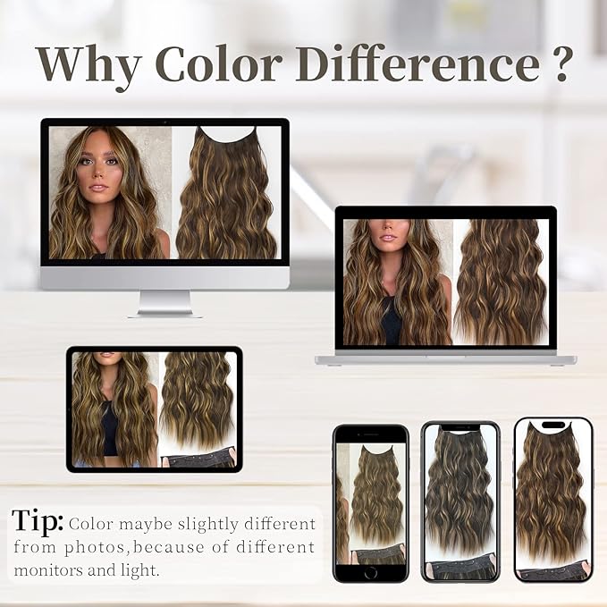 KooKaStyle Invisible Wire Hair Extensions with Transparent Headband Adjustable Size 4 Secure Clips Long Wavy Secret Wire Hairpiece 20 Inch Chestnut Brown with Blonde Highlights for Women