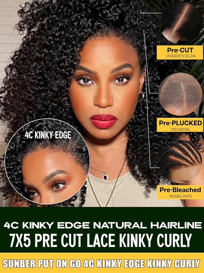 Sunber Bye Bye Knots 4C Kinky Curly Pre Cut Lace 7x5 Lace Front Glueless Curly Put On Go 3S Wear Afro Curly Human Hair Wig Pre Bleached Invisible Knots 150% Density Pre Plucked with Baby Hair 18Inch