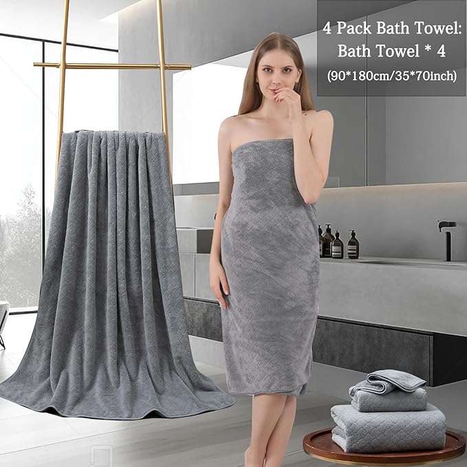 Ycosy Gray Bath Towels Set 35x70 Inches - Luxury 600 GSM Oversized Bath Sheet Towel,Extra Large Microfiber - Quick Dry,Highly Absorbent,Super Soft Shower Towels Spa Hotel Bathroom Towel Set (4-Pack)