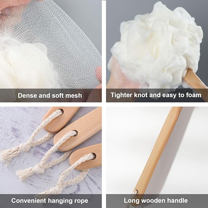 Bath Brush Long Handle for Shower, Loofah on a Stick, Soft Mesh Loofah for Skin Exfoliating, Shower Brush for Men and Women