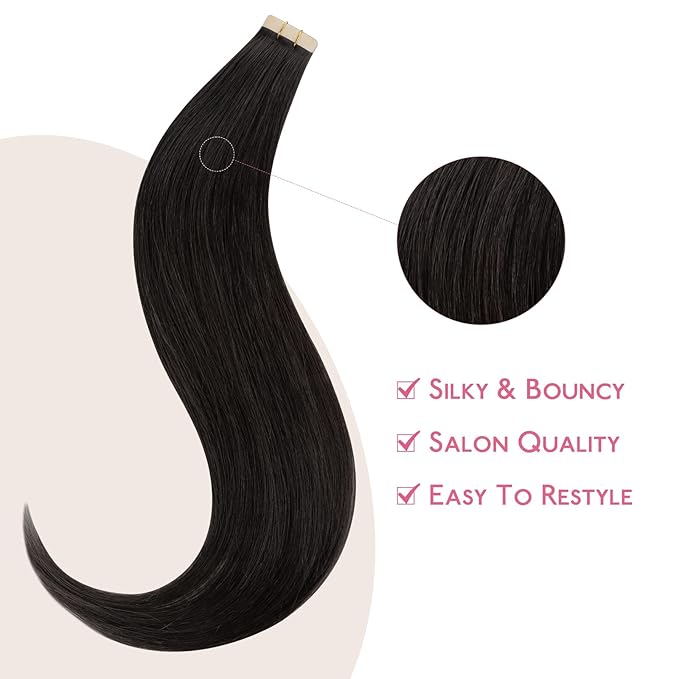 WENNALIFE Tape in Hair Extensions Human Hair Natural Black Tape in Extensions, 10pcs 30g 20 inch Remy Invisible Tape Ins Straight Colored Soft Real Human Hair Tape in Extensions Refill Set Extensions
