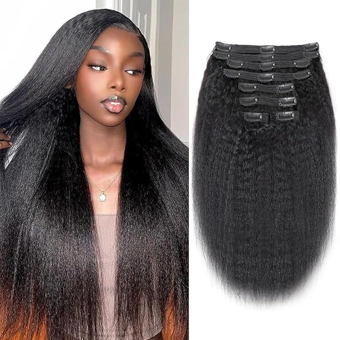 Kinky Straight Clip in Hair Extensions Real Human Hair 8Pcs Remy Human Hair Clip in Extensions for Women, Natural Human Hair 120g 14inch #1B Natural Black
