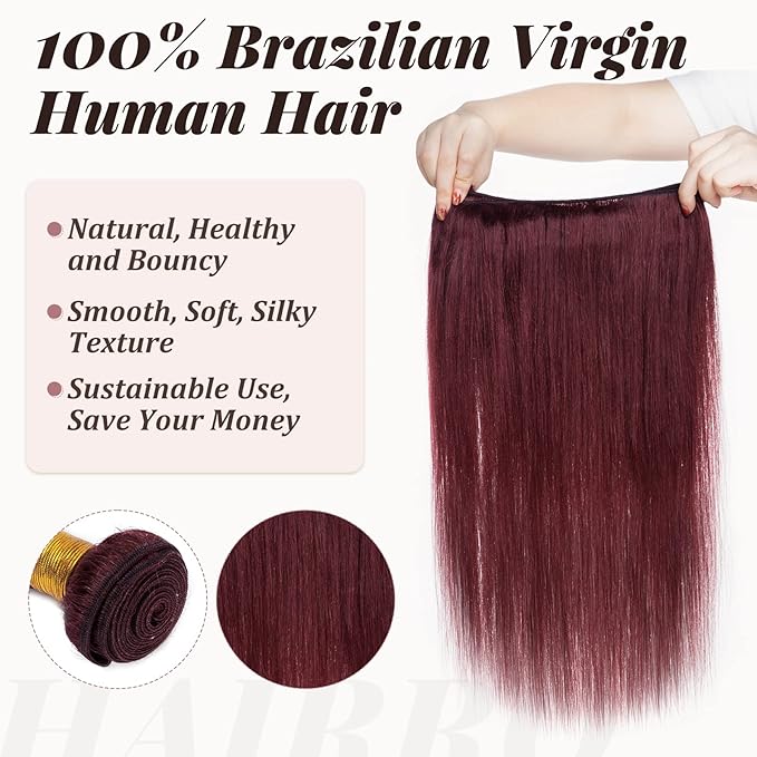 Hairro Sew in Hair Extensions Real Human Hair, 100g/bundle Weave Weft for Women Adding Volume and Length, for DIY Beauty Dating Party, 20 Inch One Bundle Straight #99J Wine Red