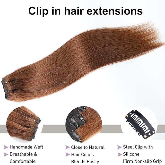 Clip in Hair Extensions Real Human Hair Chocolate Brown 20 inch 7pcs 80g/Pack, Human Hair Clip in Extensions, Salon-Grade Quality, Easy Comfort Wear for Women (#4, 20 inch)