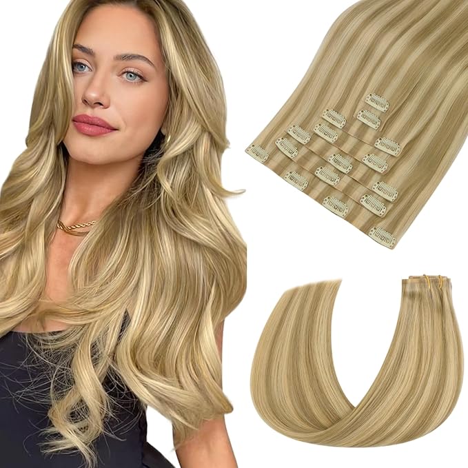 HOTBANANA Seamless Clip in Hair Extensions, 14 Inch 110g 7pcs Light Blonde Highlighted Golden Blonde (Grey Tone) Invisible PU Skin Weft Straight Remy Human Hair Extensions