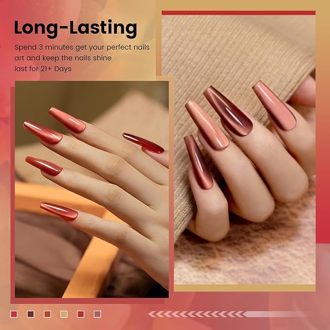 RARJSM Amber Ceramic Cat Eye Gel Nail Polish Set 6 Pcs Metallic Brown Dark Burgundy Orange Cooper Red Gray Mauve Velvet Silver Glitter Cateye Gel Polish with Magnetic Stick UV LED Curing Require Fall
